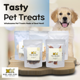 Nibs And Kibs Family Dog Treat Pack | Chicken Jerky 70g | Duck Jerky 100g | Sweet Potato and Chicken Wraps 100g| Freeze Dried Chicken Breast 100g | Freeze Dried Codfish Cubes 100g